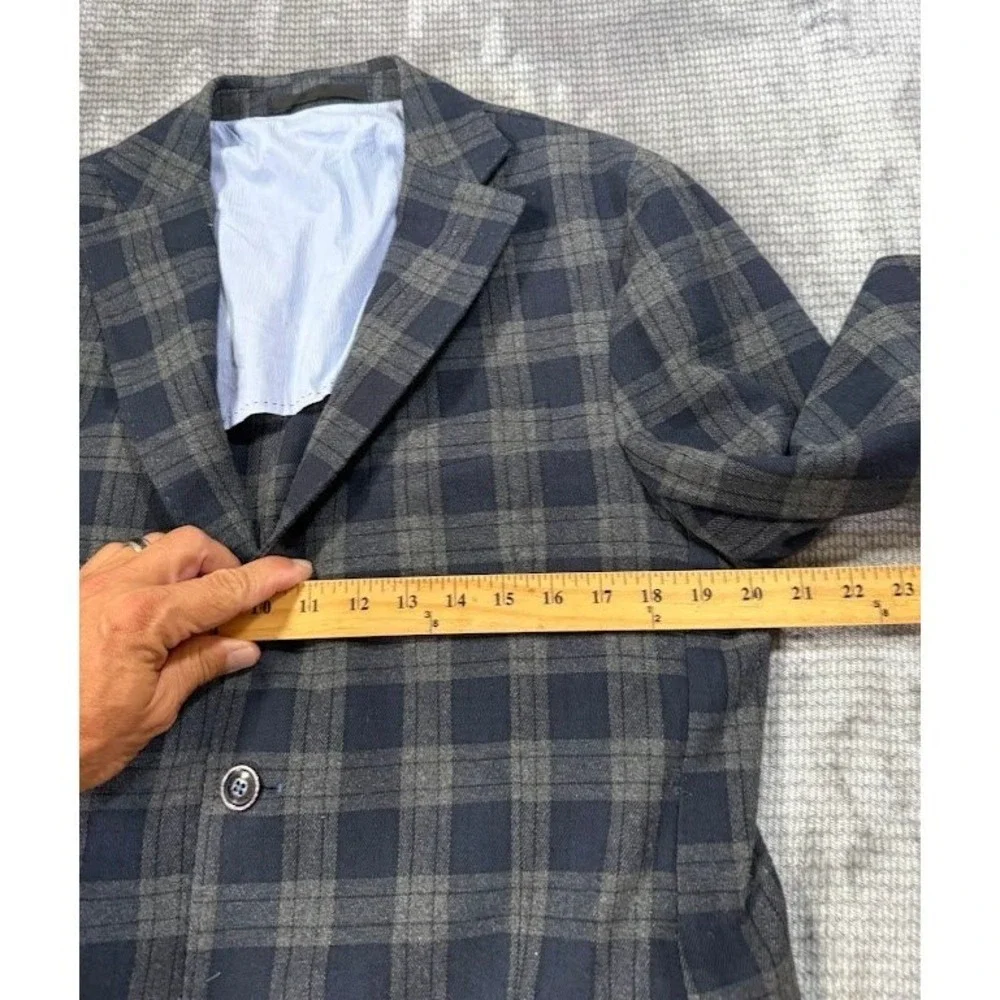 Misaky Mens Plaid Blazer Sport Coat Navy Blue Grey Wool Blend Size 52 IT US 42
